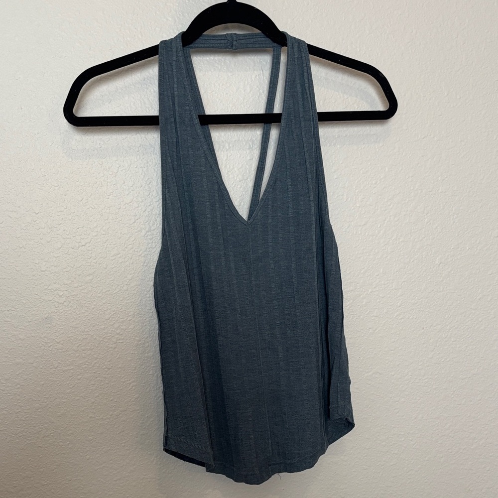 We The Free Ribbed Deep V Strappy Racerback Tank - Slate Blue